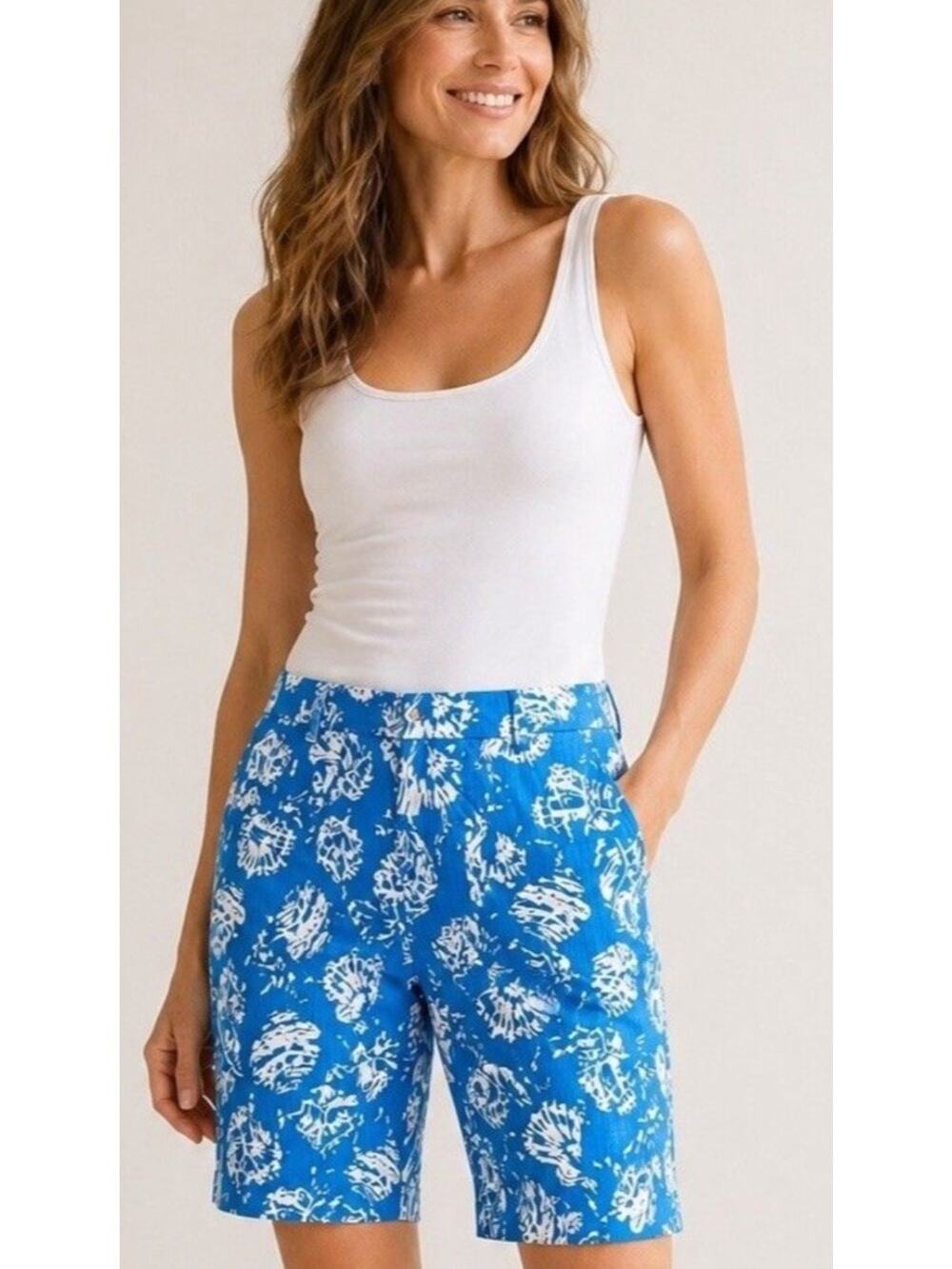Chico's Capri Shorts .5 Small Blue Stretch Tropical Floral Boho Vacation Resort